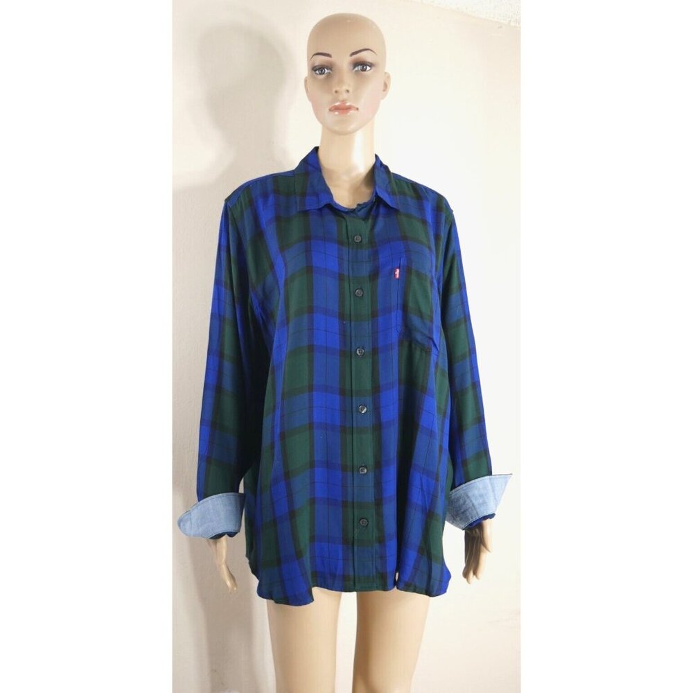 Levis Blue Green Plaid Long Sleeve Boyfriend Fit Button Front Shirt Women XL New